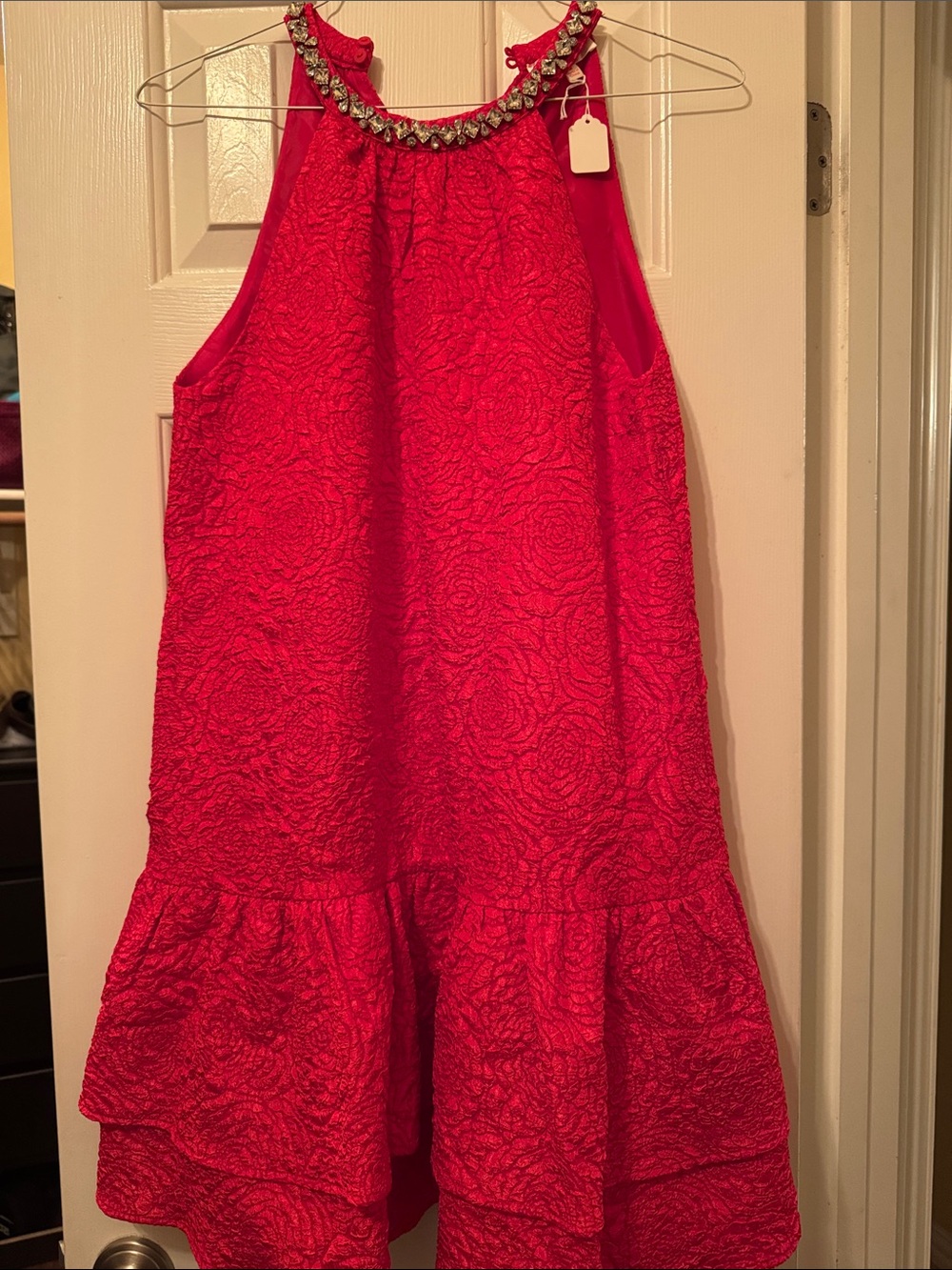 Embellished Neck Red Textured Ruffle Dress
